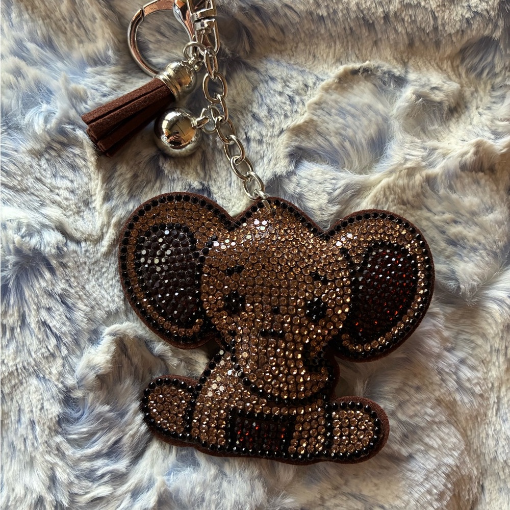 Brown Crystal Elephant Keychain Bag Charm